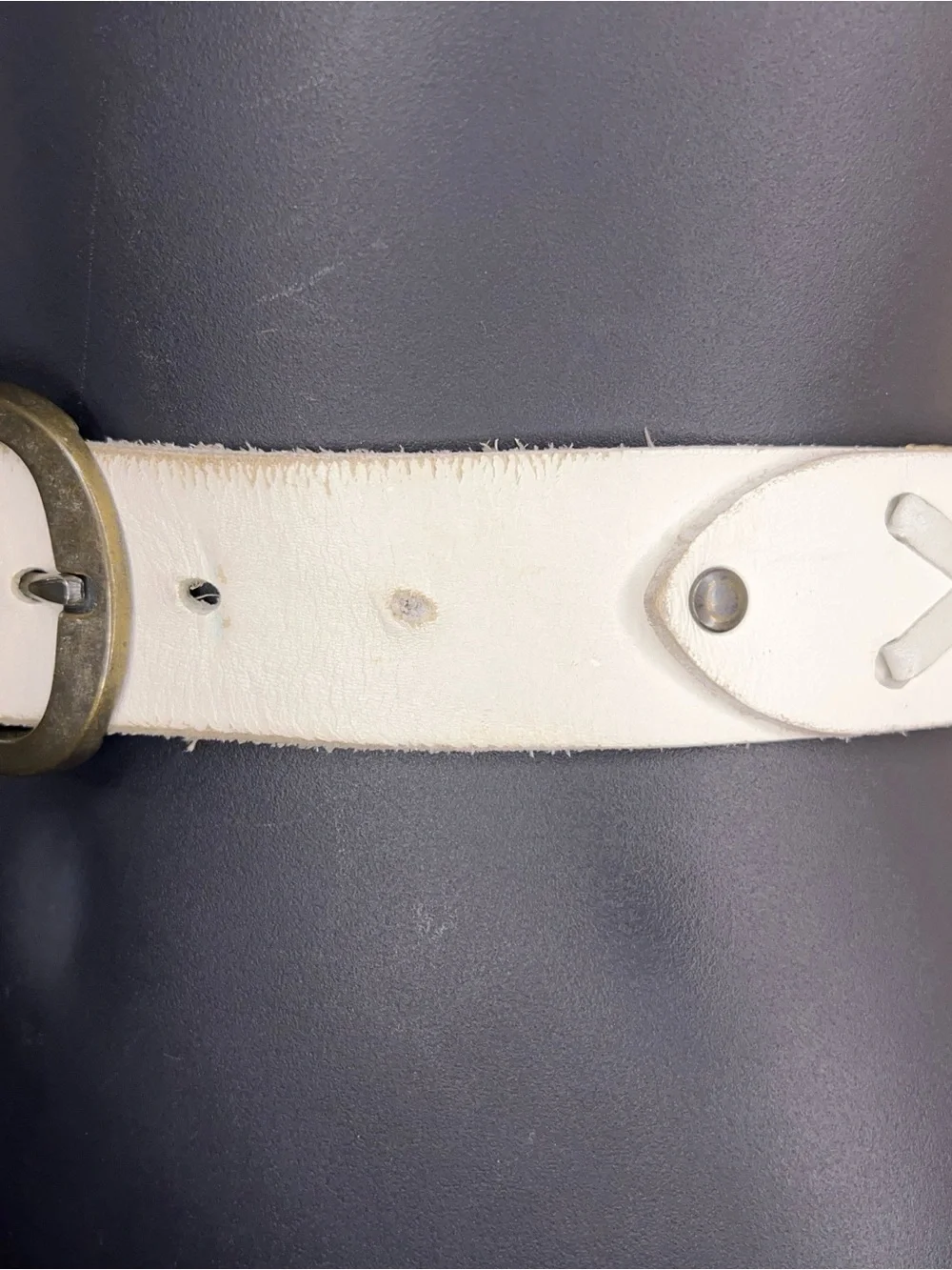 Vintage Small White Leather Belt X Design Western 32 Inch Length Womens Brass